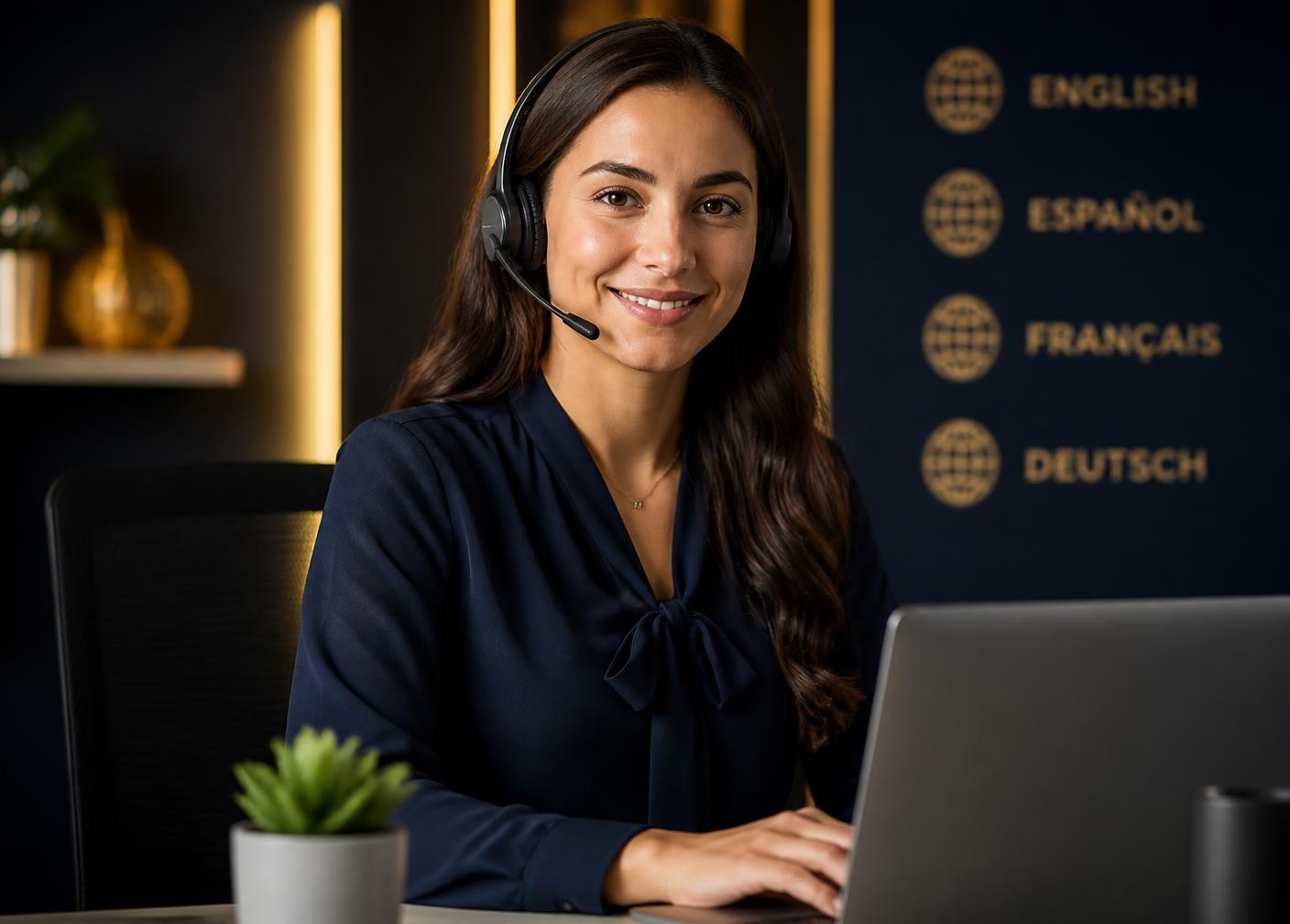 Multilingual customer support specialist wearing a headset